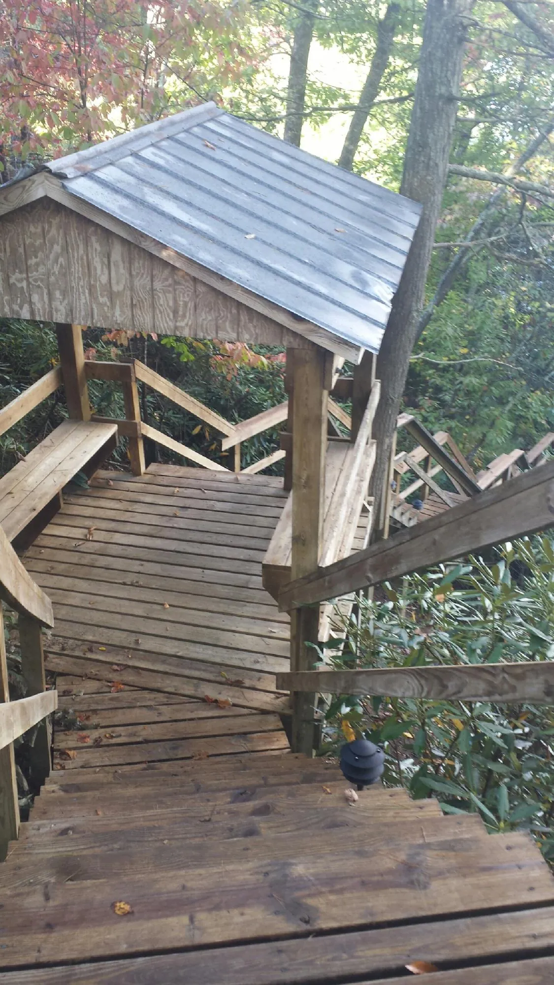 Metal roofed shelter over wooden steps on a wooded walkway — Skylight Repair & Installation work by our crew in Minnetonka